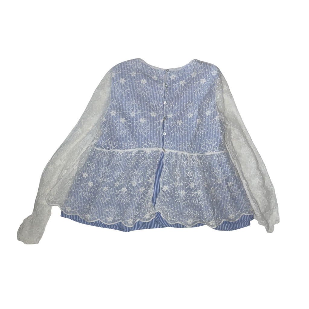 Light blue lace babydoll-like shirt with sheer sleeves on a white background